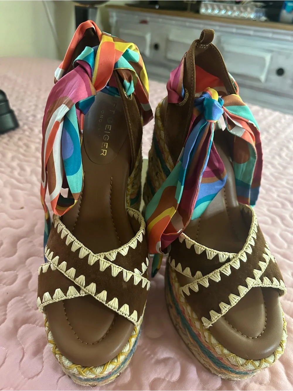 Kurt Geiger Brown Suede Platform Sandals with Rainbow Ribbon Bow - Picture 5 of 6